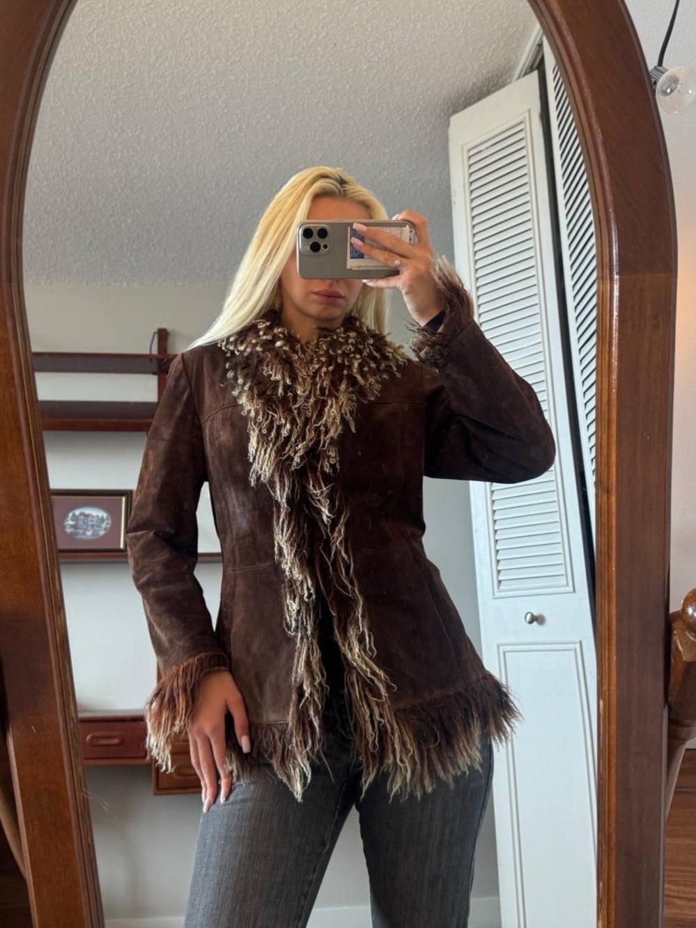 Danier Brown Leather Fur-Trim Penny Lane Jacket
